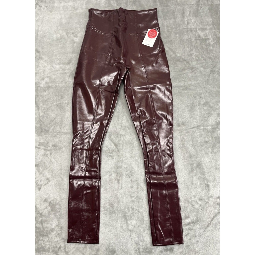Spanx Faux Patent Leather Leggings Women Small Ruby Red Stretch Shaping NWT